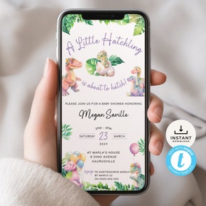 A Little Hatchling Electronic Invitation, Dinosaur Baby Shower Invite Digital, Hatching Soon Dino Egg, Pink T-Rex. Editable, Download | DN06