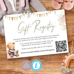 Tarjeta de registro de regalos con temática de libro de cuentos con código QR, inserto de registro de inicio de nuevo capítulo, osito de peluche de animales del bosque. Editable, Imprimible / SB01