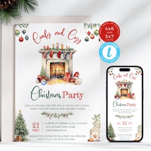 Puede incluir: Una invitación a una fiesta de Navidad con una ilustración de acuarela de una chimenea con calcetines, regalos y una taza de chocolate caliente. El texto dice "Comfy and Cozy Christmas Party" e incluye detalles sobre la fiesta, como la fecha, la hora y el lugar. La invitación está diseñada para ser impresa o enviada por correo electrónico.