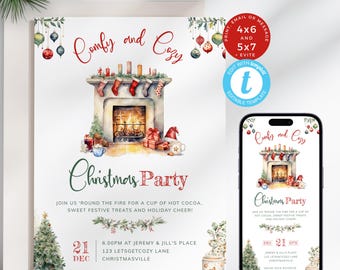 May include: A Christmas party invitation with a watercolor illustration of a fireplace with stockings, presents, and a mug of hot cocoa. The text reads "Comfy and Cozy Christmas Party" and includes details about the party, including the date, time, and location. The invitation is designed to be printed or emailed.