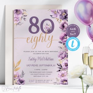 80. Geburtstags-Einladung Blumen, Lila und Gold Eightieth Bday einladen, glücklich 80er Geburtstag Abendessen für Frau. Bearbeitbar, Druckbar | PP02