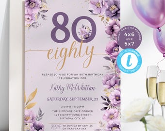 Puede incluir: Invitación de cumpleaños para el 80 aniversario, con un fondo lavanda y decoraciones florales moradas. El diseño incluye el número "80" y la palabra "eighty" en oro. La invitación es personalizable.