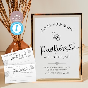 Raad hoeveel fopspenen bordje en kaartje, raadspel babyshower, elegant, minimaal en modern, gemakkelijke activiteit. Bewerkbaar, afdrukbaar | MN01