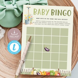 Modèle modifiable de bingo pour baby shower cultivé localement à ajouter à vos jeux de douche Farmers Market. Vert sauge avec des légumes. Imprimable | LG02