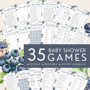 Blueberry Baby Shower Games Bundle, Berry Sweet Baby Is On The Way Activity Set, Fruit Themed Rustic Navy Blue. Editable, Printable | BL02