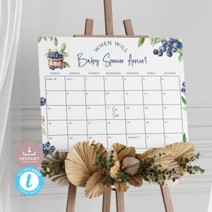 Calendario de adivinanzas de fecha de llegada para baby shower con arándanos, póster de juego de fecha de parto con temática de frutas, fecha de nacimiento editable e imprimible / BL02