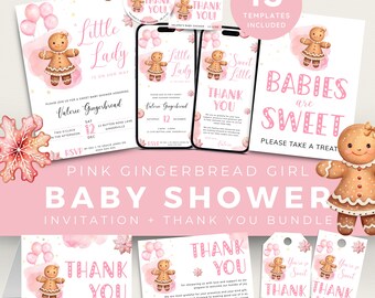 May include: Pink gingerbread girl baby shower invitation and thank you card templates. The design features a gingerbread girl with pink and white frosting, surrounded by pink balloons and snowflakes. The text reads "Little Lady is on her way", "Babies are Sweet", and "Thank You".