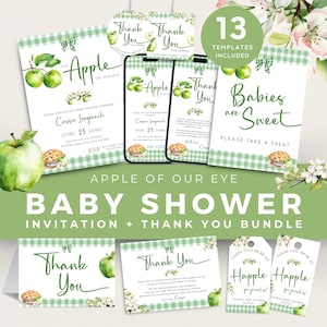 Apple Of Our Eye Baby Shower Invitation & Thank You Favor Bundle, Fall Fruit Theme Invite Set in Green Gingham. Editable, Printable | AP03