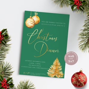 Une élégante invitation à une fête de Noël, une invitation de luxe vert émeraude et or pour les fêtes, une décoration et un sapin de Noël chic. Modifiable, imprimable | CH06F