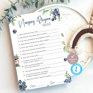 Blueberry Nursery Rhyme Quiz Game, Berry Sweet Baby Shower Trivia Games ...