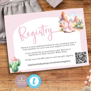 Carte cadeau cow-girl avec code QR, thème country western, décoration pour baby shower Petite cow-girl, chapeau cactus. Modifiable, imprimable | CG01