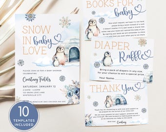 May include: A set of printable baby shower templates featuring a winter theme with penguins and an igloo. The templates include a 5x7 inch invitation, a 4x6 inch invitation, a books for baby card, a registry card, a diaper raffle card, and thank you cards. The cards are decorated with watercolor illustrations of penguins, snowflakes, and an igloo.