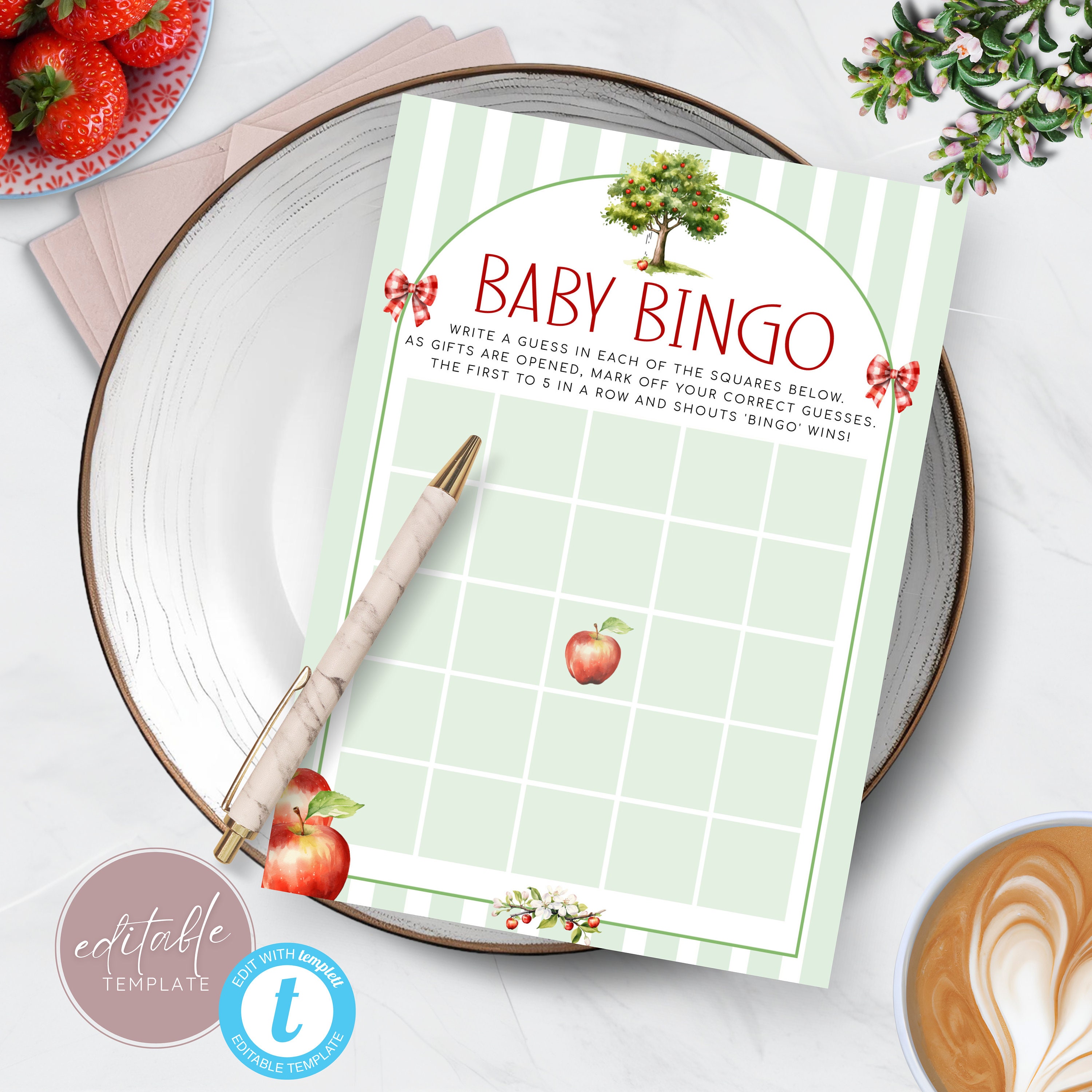 Apple Baby Shower Bingo Card Template, A Little Apple is About to Fall ...