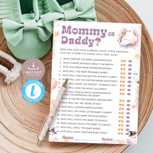 Halloween-mama of papa die het zei, een klein boe-geroep komt eraan Babyshower, wie kent de ouders-quiz. Bewerkbaar, afdrukbaar | HW01