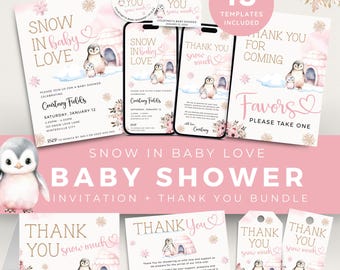 May include: A pink and gold baby shower invitation and thank you card bundle featuring a penguin and igloo design. The text reads "Snow in Baby Love Baby Shower Invitation + Thank You Bundle".