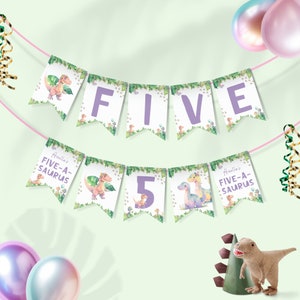 May include: A purple and green dinosaur themed banner with the word "FIVE" in large purple letters. The banner also includes the text "Ariella's FIVE-A-SAURUS" and a small dinosaur illustration.