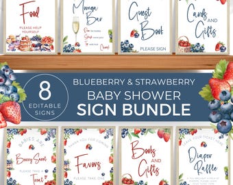 Berry Sweet Baby Shower Sign Bundle: Strawberry & Blueberry Theme (Editable, Printable Digital Download) | BL04