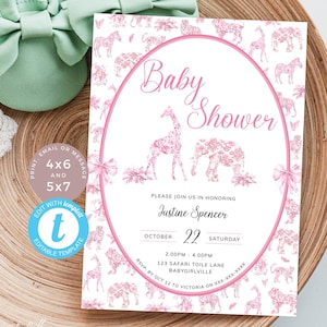 Convite para chá de bebê Pink Toile De Jouy, convite Safari Toile para menina, animal da selva, herança grandmillenial. Editável, imprimível | ST04