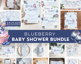 Könnte beinhalten: Ein Babyparty-Paket zum Thema Blaubeere mit 35 druckbaren Spielen, Einladungen, Dankeskarten und Dekorationen. Das Design zeigt Aquarell-Blaubeeren, Cupcakes und den Text "Berry Sweet".