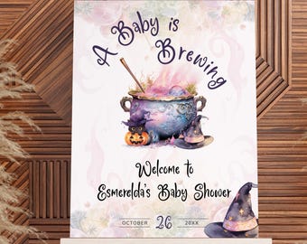 A Baby Is Brewing Halloween Welcome Sign, Witch Cauldron Poster Easel, Witchy Baby Shower Decorations, Spooky. Editable, Printable | HW05