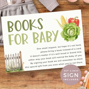 Modello di biglietto di auguri per bambini con libri coltivati localmente per tema baby shower del mercato degli agricoltori con verdure, orto domestico. Modificabile, stampabile / LG02