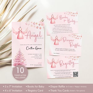 Lot rose d'invitation de baby shower d'ornement d'ange pour votre bébé de Noël de décembre Ange sur son chemin. Modèles imprimables et modifiables | CH07
