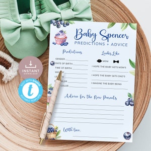 Blueberry Baby Shower Predictions and Advice Card, Berry Sweet Baby On The Way Activity for Guestbook. Editable Template, Printable | BL03