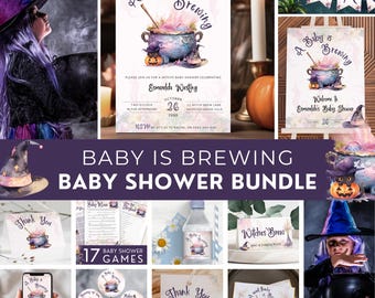 Baby Is Brewing Halloween Bundle, Witch Theme in Pastel (Editable, Printable Download) | HW05