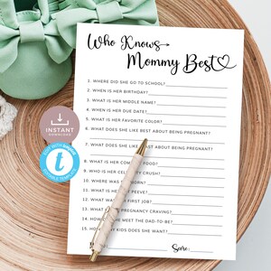 May include: A printable "Who Knows Mommy Best?" baby shower game with 15 questions about the expectant mother. The game is designed for guests to guess the answers about the mother-to-be.