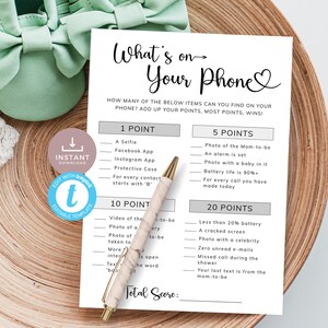 Was ist auf Ihrem Handy-Babypartyspiel, moderne Eisbrecher-Aktivität, minimale Babyshower, einfache Schnitzeljagd. Bearbeitbar, Druckbar | MN01