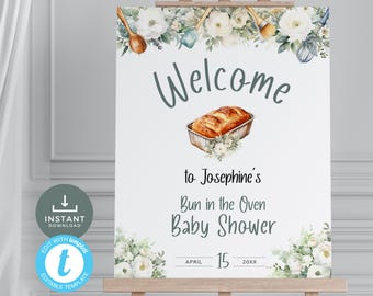 Bun In The Oven Welcome Sign, Sage Green Flowers Baby Shower Poster Easel, Baking Utensils Decorations, Cooking. Editable, Printable | BN01