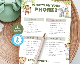 What's On Your Phone Baby Shower Game, Safari Jungle Theme Ice Breaker Activity, Babyshower Scavenger Hunt. Editable, Printable | SF02