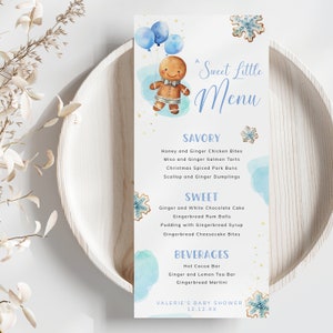 Szablon menu piernikowego, ciasteczko świąteczne, lista potraw i napojów Blue Snowflake, dekoracja świątecznego stołu. Edytowalne, do wydrukowania | CH15