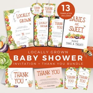 Lot d'invitations et de remerciements pour baby shower cultivés localement, ensemble d'invitations pour le marché de producteurs, étiquette de cadeau de légumes lumineux. Modifiable, imprimable | LG01
