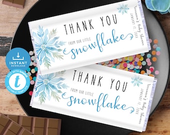 Snowflake Candy Bar Wrapper, Winter Baby Shower Favor, Blue Chocolate Bar Favour, Label Cover for Boy. Printable, Editable Template | SN06