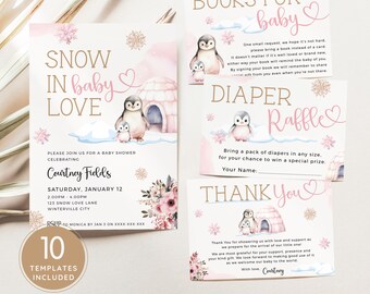 Snow In Love Baby Shower Invitation Bundle, Pink Winter Wonderland Invite Set, Penguin with Chick, Snowflakes. Editable, Printable | SN12