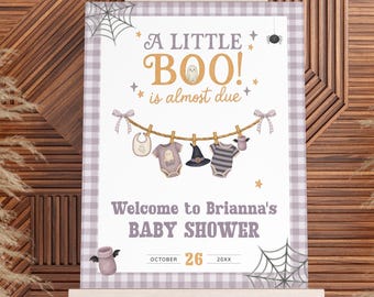 Halloween Baby Clothes Baby Shower Welcome Sign, A Little Boo Is Almost Due Decoration, Purple Gingham Poster. Editable, Printable | HW17