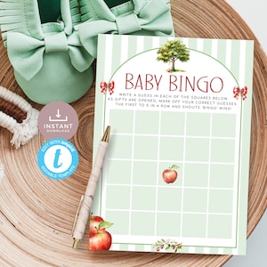 Modèle de carte de bingo pour baby shower pomme, une petite pomme est sur le point de tomber de l'arbre généalogique, jeu de devinettes cadeau. Modifiable, imprimable | AP02