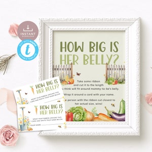 Plantillas para letreros y boletos de Medida de la panza del bebé cultivadas localmente, juego de baby shower de mercado de agricultores ¿Qué tan grande es su panza? en verduras de salvia / LG02