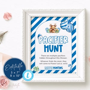 Merry Little Baby Pacifier Hunt Game, Blue Christmas Ornament Find The Pacifier Sign, Hidden Dummy Activity. Editable, Printable | CH05A