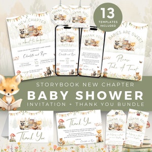Storybook Baby Shower Invitation and Thank You Bundle, A New Chapter Is About To Begin Invite Set, Favor Tag. Editable, Printable | SB01