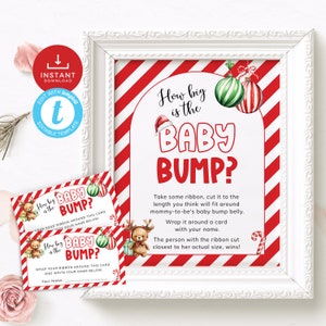 Juego para medir la barriguita del bebé, tarjeta y letrero navideños con el tamaño de la barriga de mamá, adorno de bastón de caramelo. Editable, imprimible / CH05B