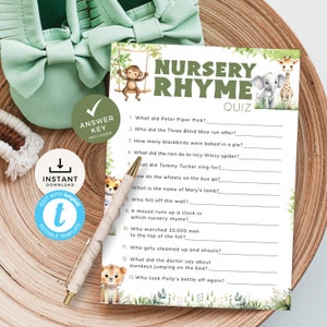 Safari babyshower kinderrijmquiz, A Little Wild One kinderboeken triviaspel, junglethema met antwoorden. Bewerkbaar, afdrukbaar | SF02