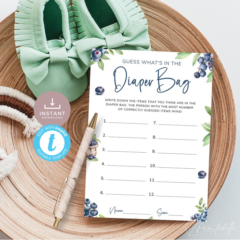 Blueberry Baby Shower What's in the Diaper Bag Guessing Game, Berry