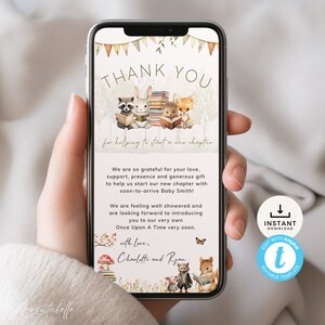 Biglietto elettronico di ringraziamento per libro di fiabe, un nuovo capitolo sta per iniziare ECard, testo di lettura degli animali del bosco Grazie. Modificabile, Scarica / SB01