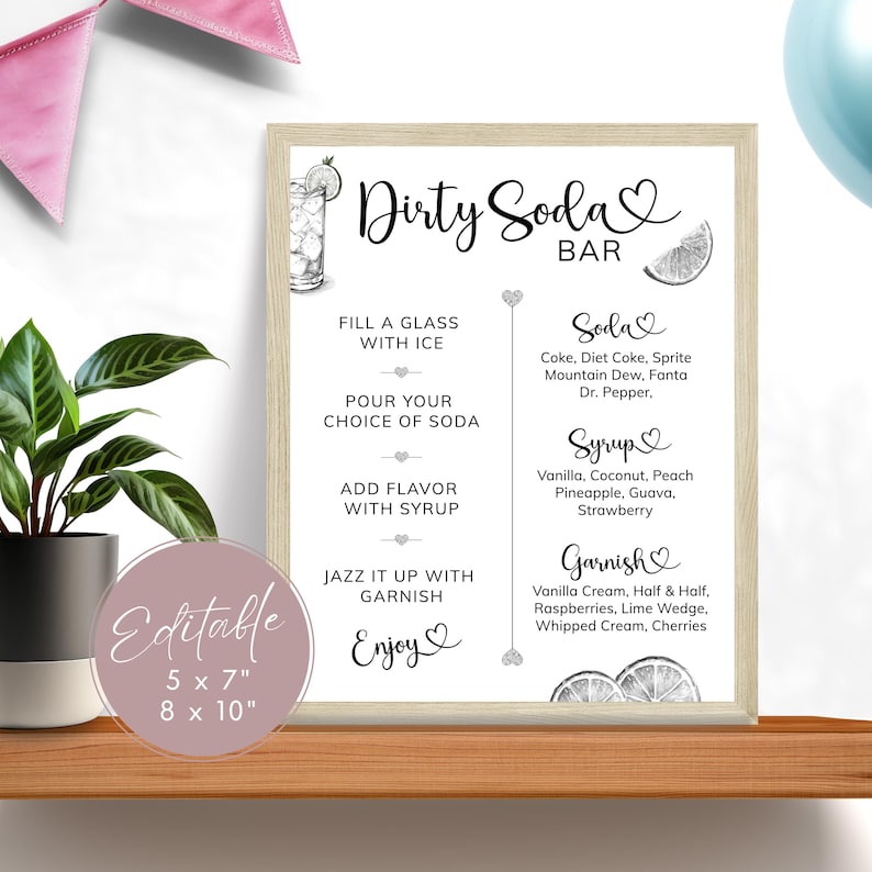 Pu&ograve; includere: Un cartello incorniciato con la scritta "Dirty Soda Bar" e le istruzioni per preparare una soda. Il cartello include una grafica di una soda e una fetta di limone. Il cartello &egrave; su una mensola di legno con una pianta in vaso e uno striscione rosa sullo sfondo.