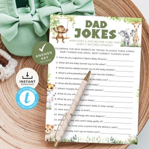 Safari papa grappen babyshowerspel, jungle dierenthema, grappige zinquiz, bewerkbaar met antwoordsleutel, leuke stelletjes douche afdrukbaar | SF02