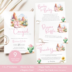 Lot de faire-part pour baby shower cow-girl, faire-part western, scène de cactus du désert rose, cartons d'insertion pour bottes de cow-girl. Modifiable, imprimable | CG01