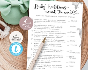 Baby Traditions Around The World, Minimal Baby Shower Game, Trivia with Answers, Modern Travel Theme Activity. Editable, Printable | MN01
