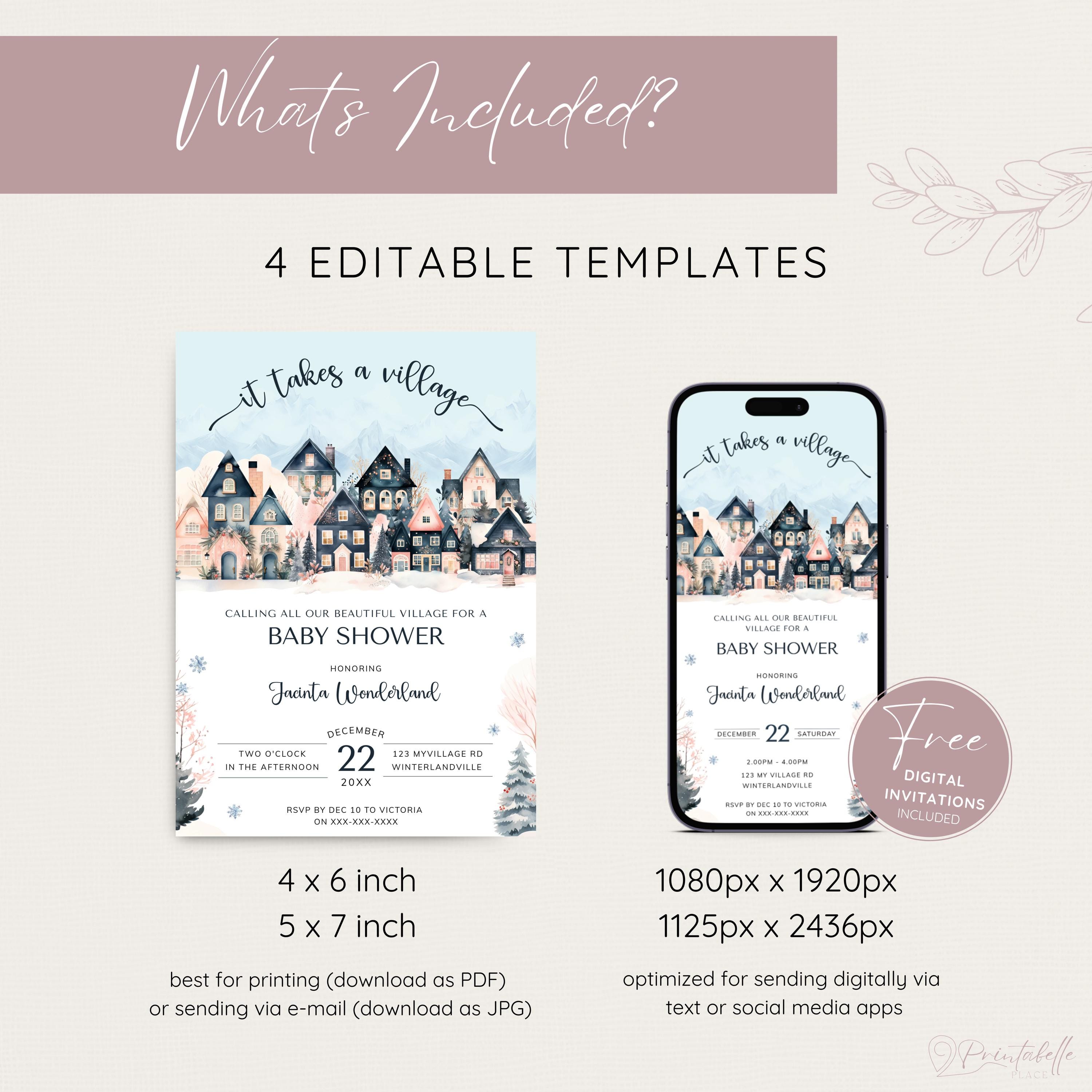 Scandi Einvite It Takes A Village Baby Shower Invitation Winter, Scandi Houses Invite ...